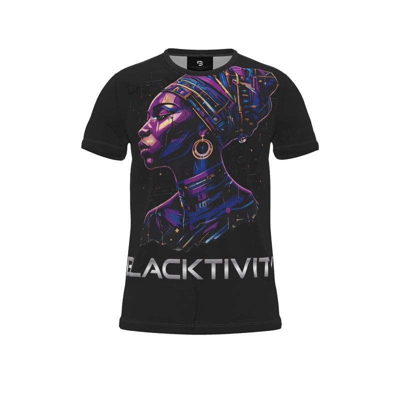 Black t-shirt with a colorful graphic of a woman's face and 'BLACKTIVITY' text on a white background