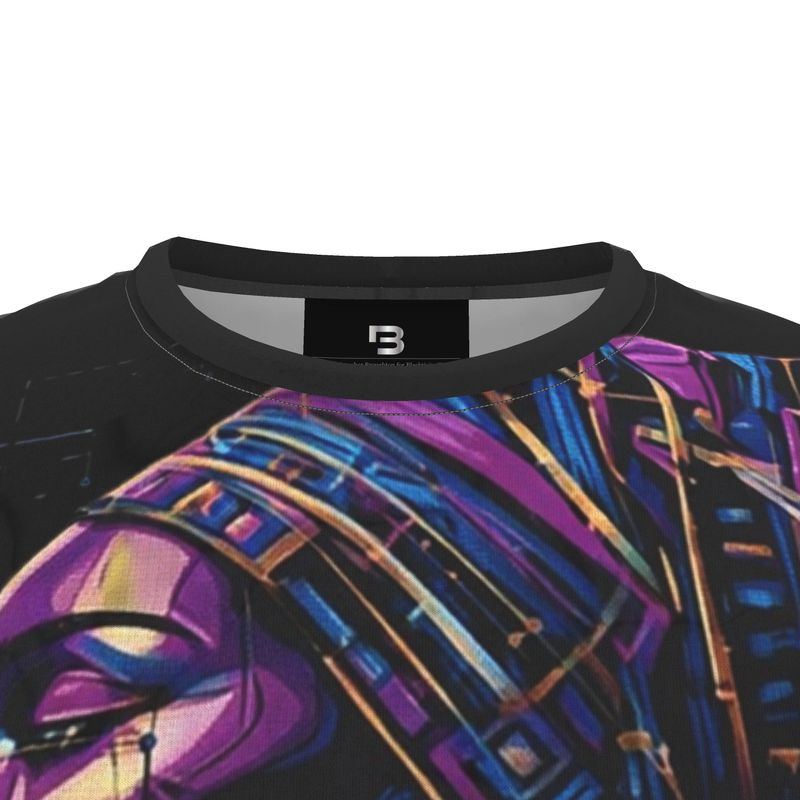Close-up of a black shirt with a colorful design on a white background